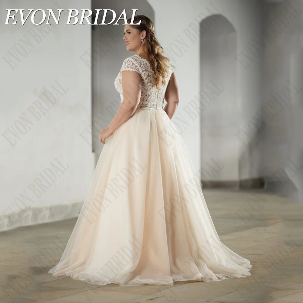 Фото Evon Bridal Шампанское Свадебное изысканное платье EVON цвета шампанского, свадебные платья 2024 с рукавами-крылышками и двойным V-образным вырезом, кружевные свадебные платья, трапециевидные фатиновые свадебные платья №2