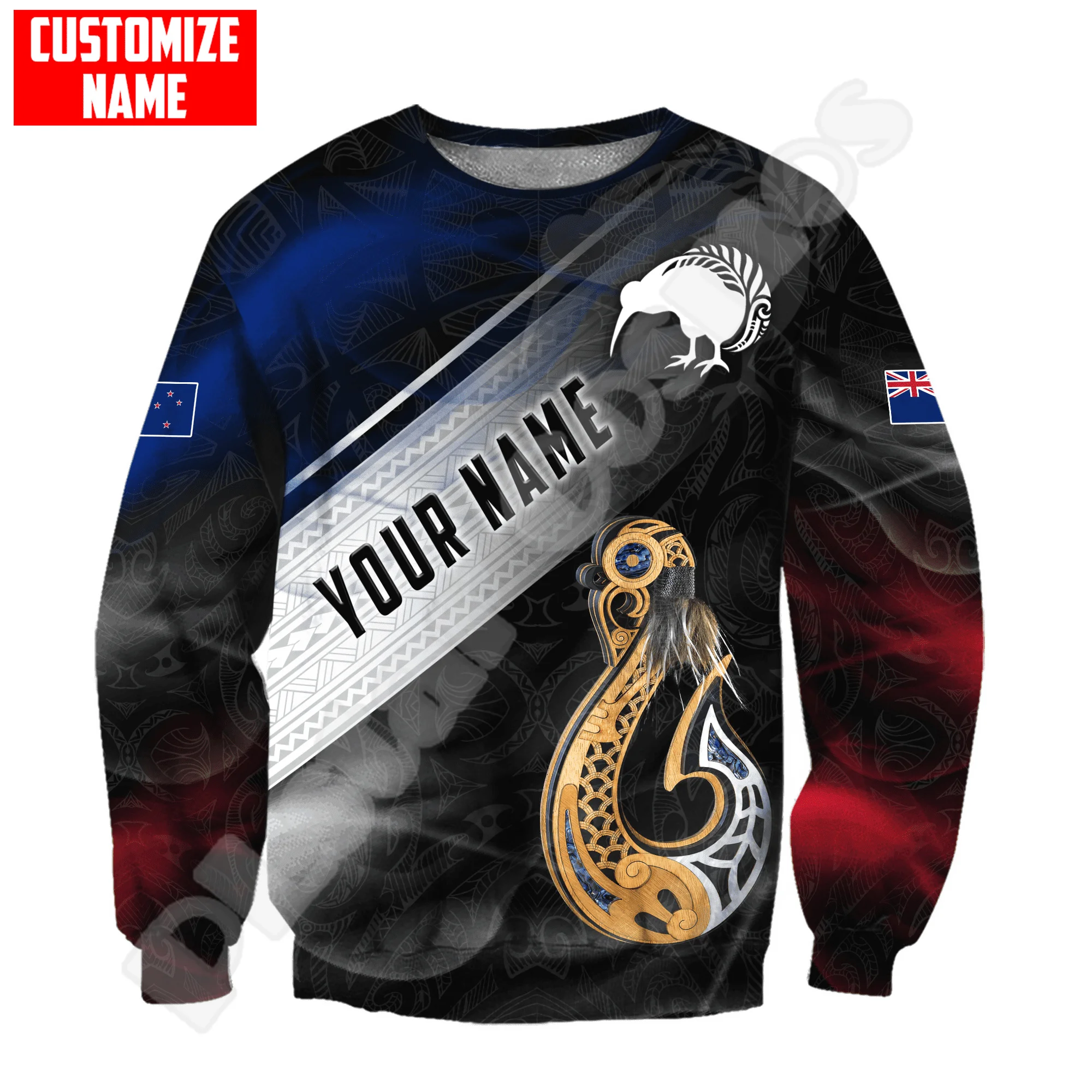 Custom Name Country Flag New Zealand Aotearoa Maori Tattoo Retro Long Sleeves 3DPrint Pullover Harajuku Casual Jacket Hoodies XI