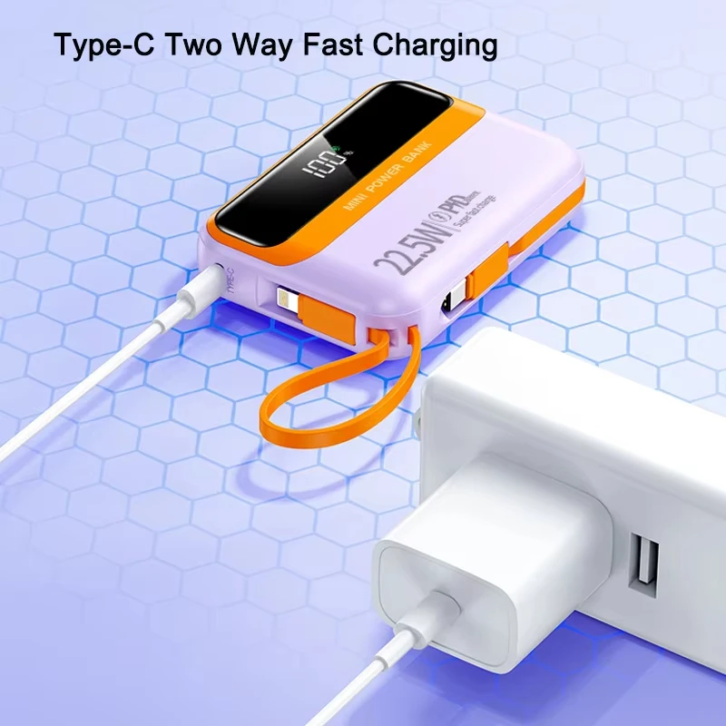 Mini Power Bank 20000mAh 22.5W Fast Charging Built in Cables Powerbank External Battery Charger for iPhone Samsung Huawei Xiaomi 6