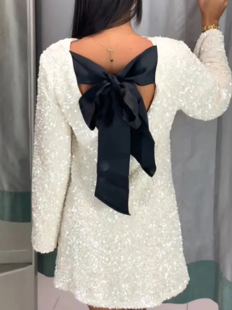 

Женское платье с круглым вырезом, длинным рукавом и блестками, повседневная женская уличная одежда, однотонное мини-платье, осенне-зимнее элегантное женское платье, новое платье