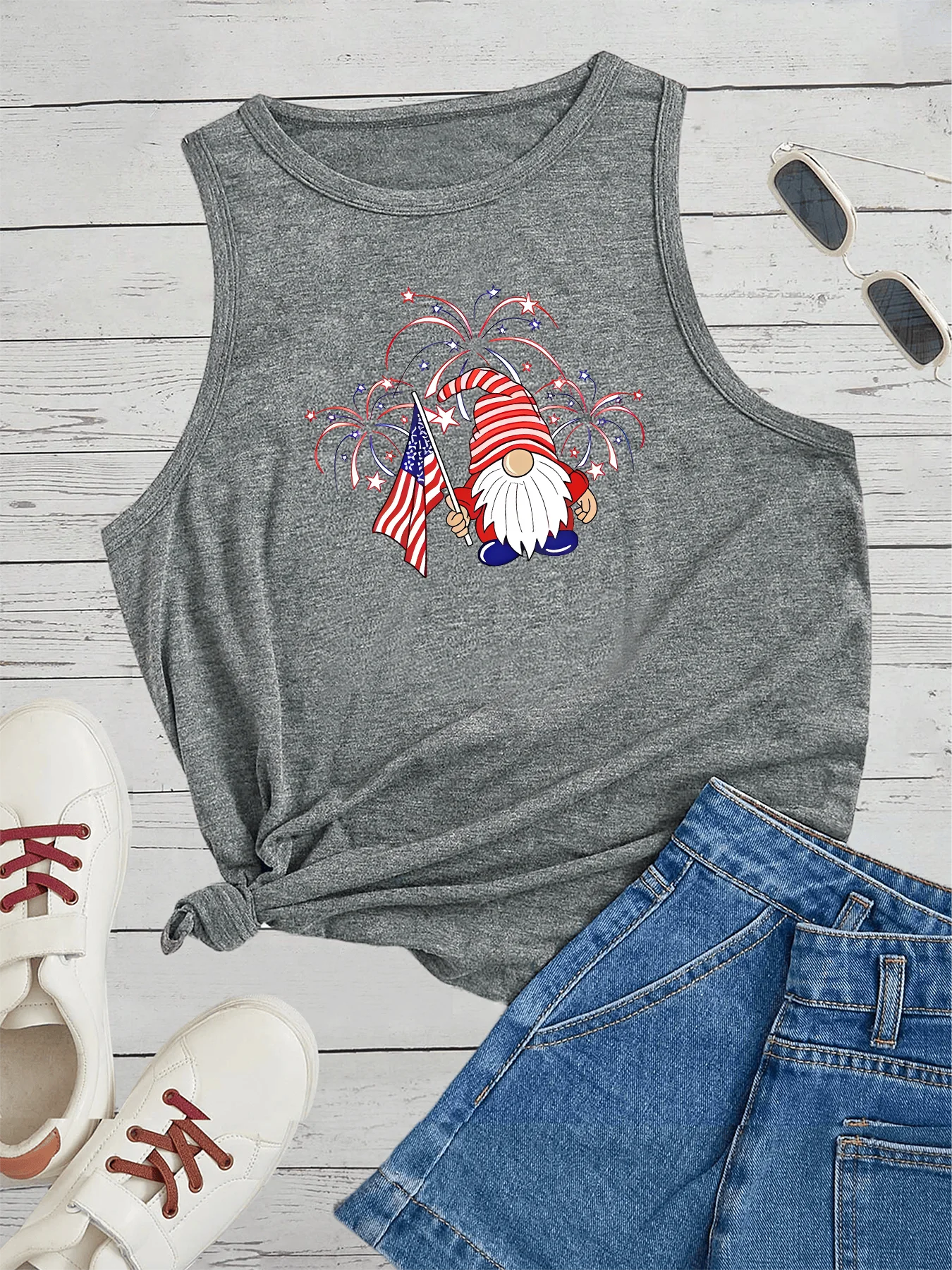 

America Merry Christmas My Friend Santa Claus Print Fashion Funny Sports Women's Tank Top Loose O Neck Sleeveless Casual Tank