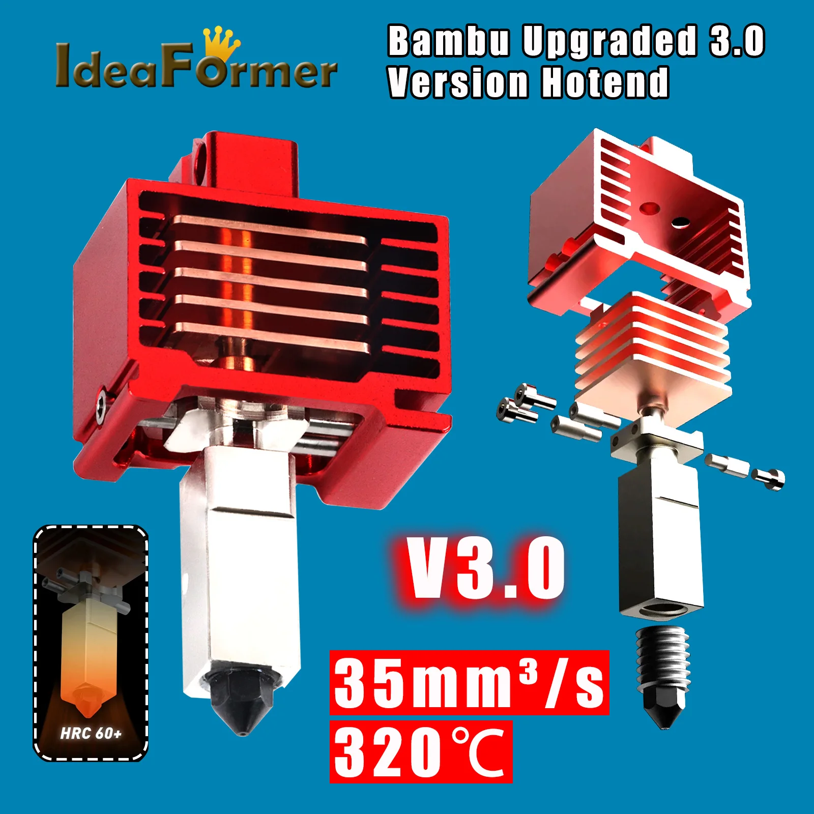 

V3.0!!! IdeaFormer for Bambu lab Hotend Nozzle Upgrade Hotend Hardened Steel Nozzle 500°C For Bambu lab x1c Hotend Plated Copper