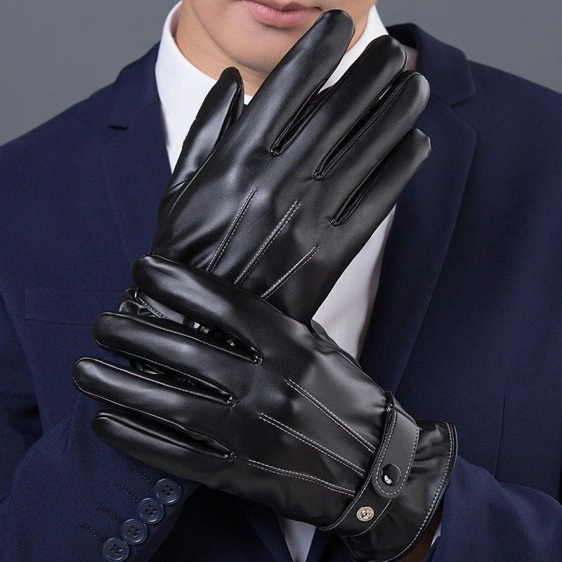 Men Winter PU Leather Black Gloves Button Warm Mittens Outdoor Sports Driving Skiing Men's Windproof Gloves Winter Supplies 4