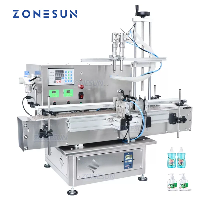 ZONESUN Desktop Automatic Liquid Filling Machine Gel Juice Shampoo Double Heads Beverage Bottle Filler With Chain Conveyor