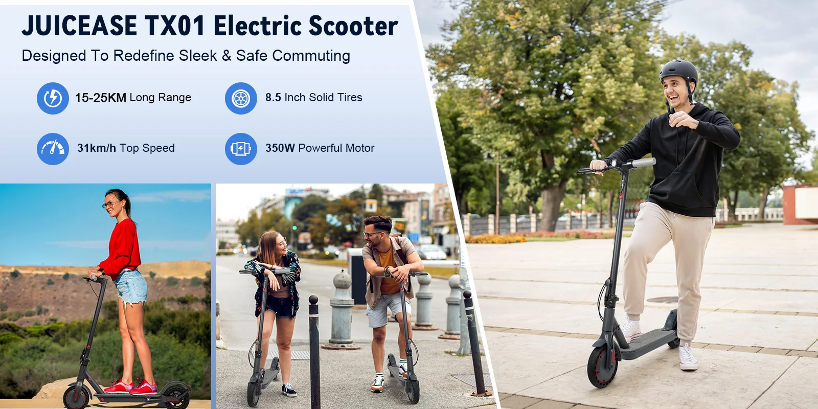 Scooter elétrica JUICEASE TX01 para adulto, potente motor de 7,8 Ah e 350 W, velocidade até 31 km/h, scooter elétrica com aplicação inteligente e chips 5.2