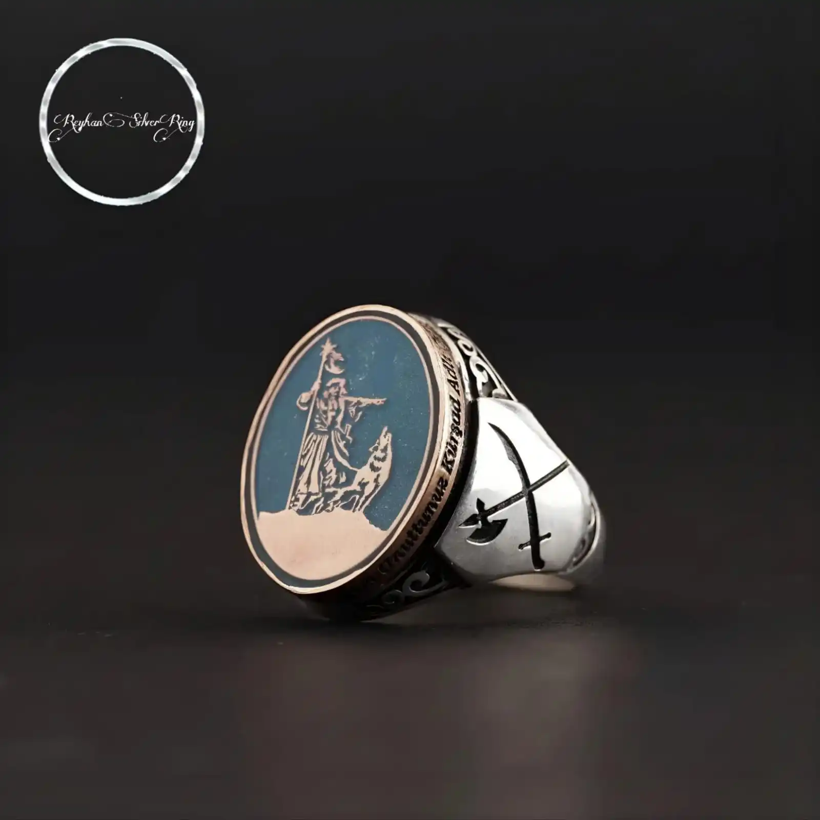 Blue Sky Round Sterling Silver Men's Ring, Kürşad Model Side Parts Engraved Patterned Sword And Ax Symbol Bozkurt Emblem