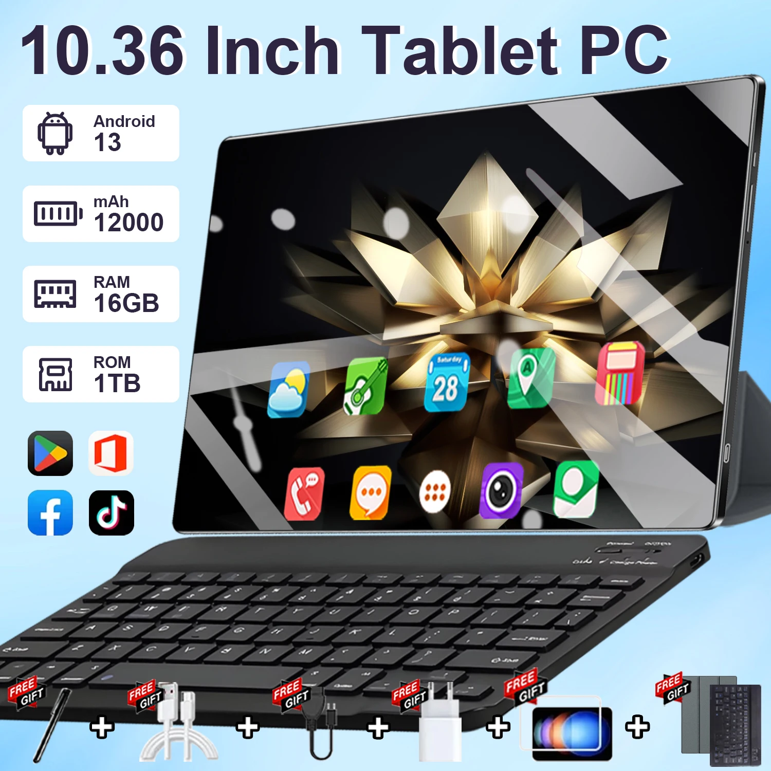 Tablette 5G 2026 Android 13.0 Neuve 10,36 pouces 16 Go RAM 1 To ROM 16MP 32MP 12000mAh 10 cœurs Wi-Fi Bluetooth