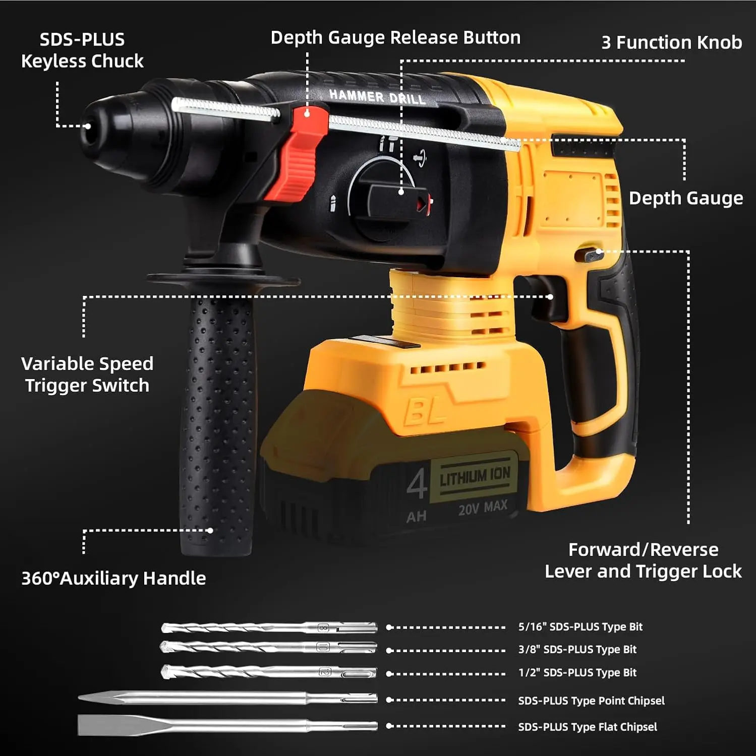 26MM Electric Hammer Drill Brushless Multifunctional Rotary High-Power Cordless Rechargeable Power Tools Fit Dewalt 18V Battery