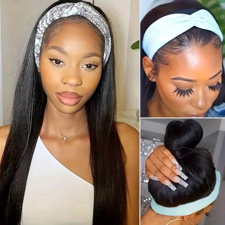 200 Density Straight Headband Wig Human Hair Wigs For Women Glueless None Lace Front Human Hair Natural Black 16-40inch 2