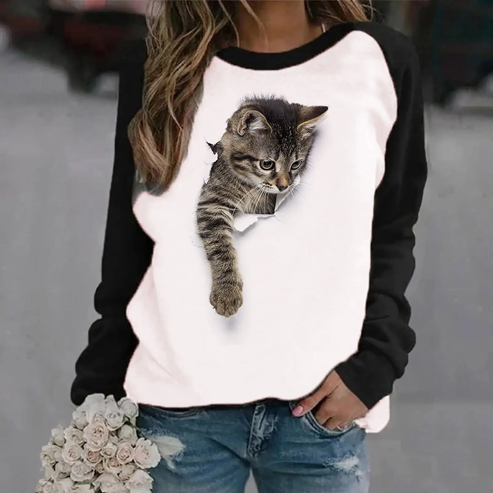 

Christmas autumn casual loose sweater female color cute cat print O-neck long-sleeved 3D animal cute female daily top