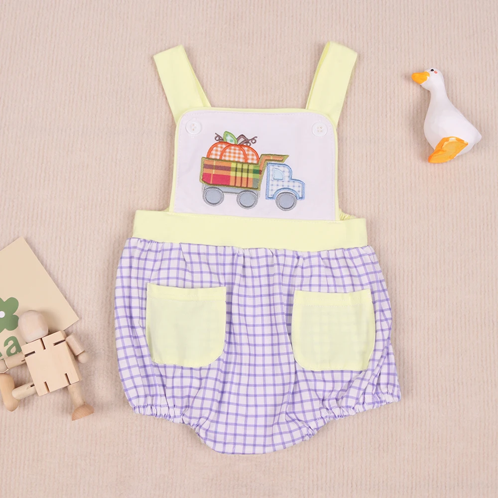 

New Born 0-3T Jumpsuit Baby Boy Clothes Pumpkin Embroidery Bubble Infant Romper Sleeve Yellow Lattices Short Bodysuit Outfit
