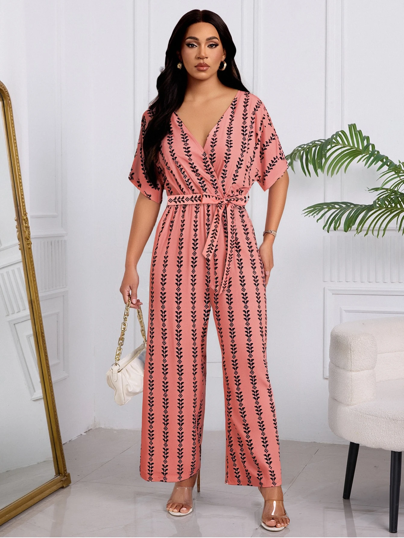 Mono Holgado De Pierna Ancha Con Estampado Tropical Para Mujer,Mono De Manga De Murciélago Con Cinturón De Verano