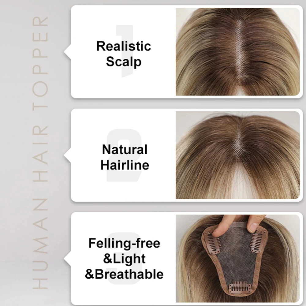 Blonde Human Hair Toppers human hair toppers Lace Base 100% Remy Human Hair Toppers Clips in Light Golden Brown Mixed Hairpieces for Women 12inches