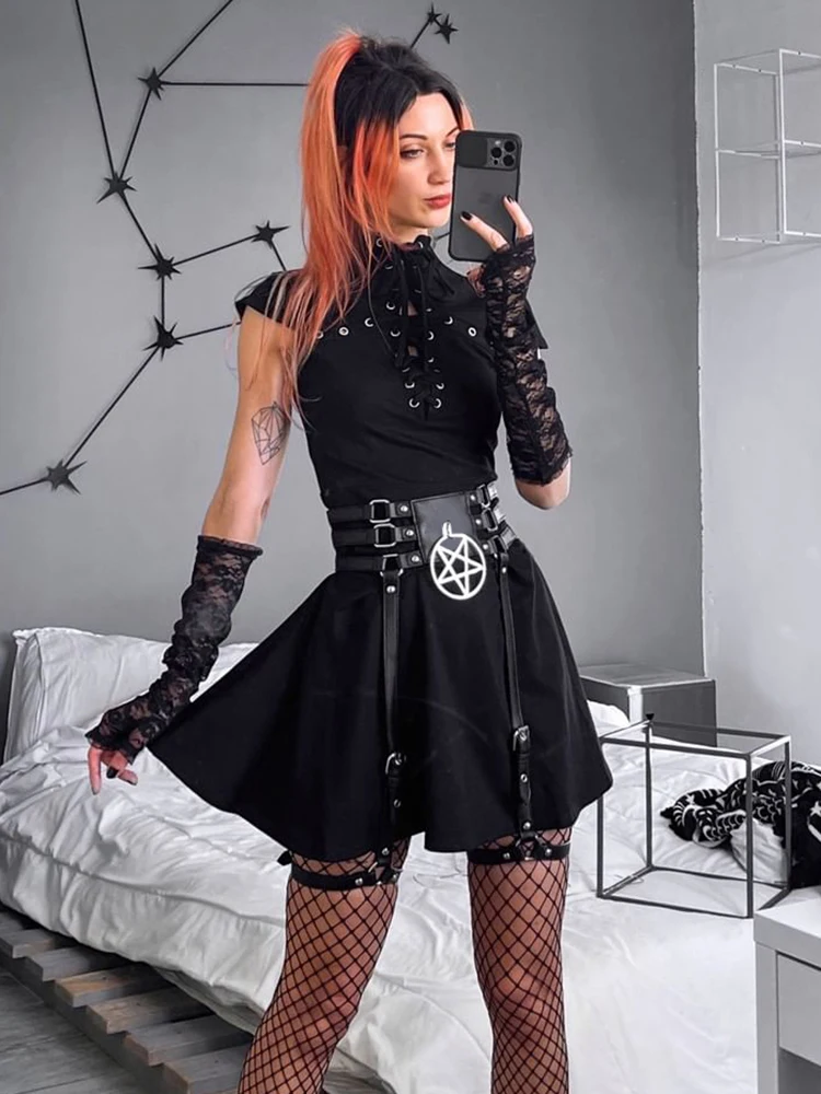 InsDoit Punk Pentagram Gothic Belt Women Leather Hollow Out Belts Accessories Streetwear Y2K Metal Belt Fashion Cosplay Girdles