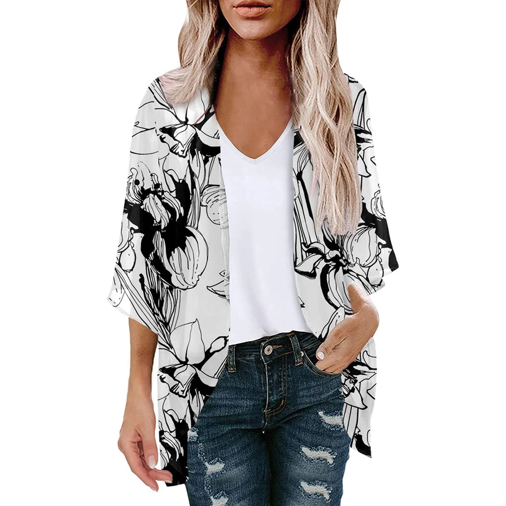 Women's Swimsuit Cover Up Swimsuit Coverup Fishnet Cover Up Chiffon Cardigan Top Loose Print Chiffon Coverups Beach Swim Bikini Kimono Cardigan Bathing Suit Cover Ups Blouse For Swimwear