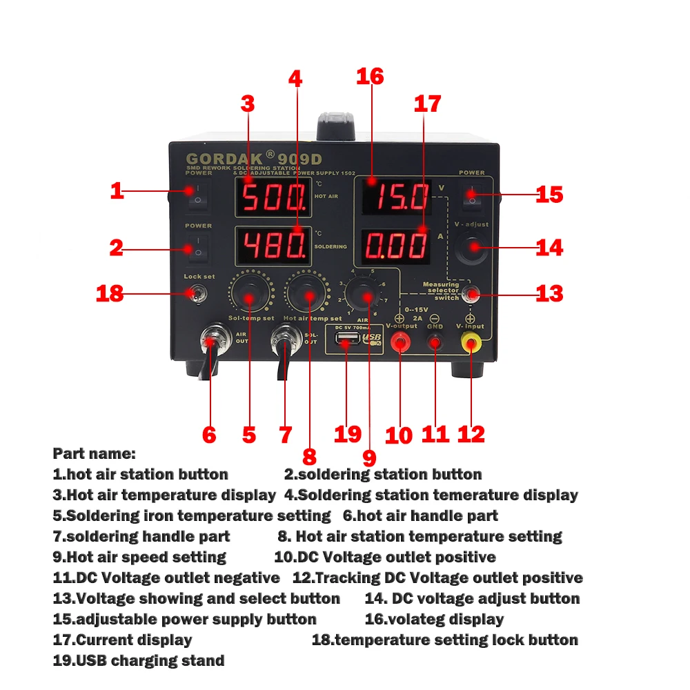 GORDAK 909D Soldering Station 2A USB SMD Rework Soldering Iron Station DC Power Supply 0-15V 0-2A 5V USB Charging Port soldering station soldering tool