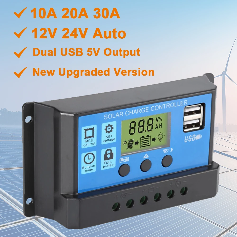 

Solar Controller 10A 20A 30A PWM Solar Charge Controller 12V 24V Auto Photovoltaic Panel Regulator Battery Charger LCD Dual USB