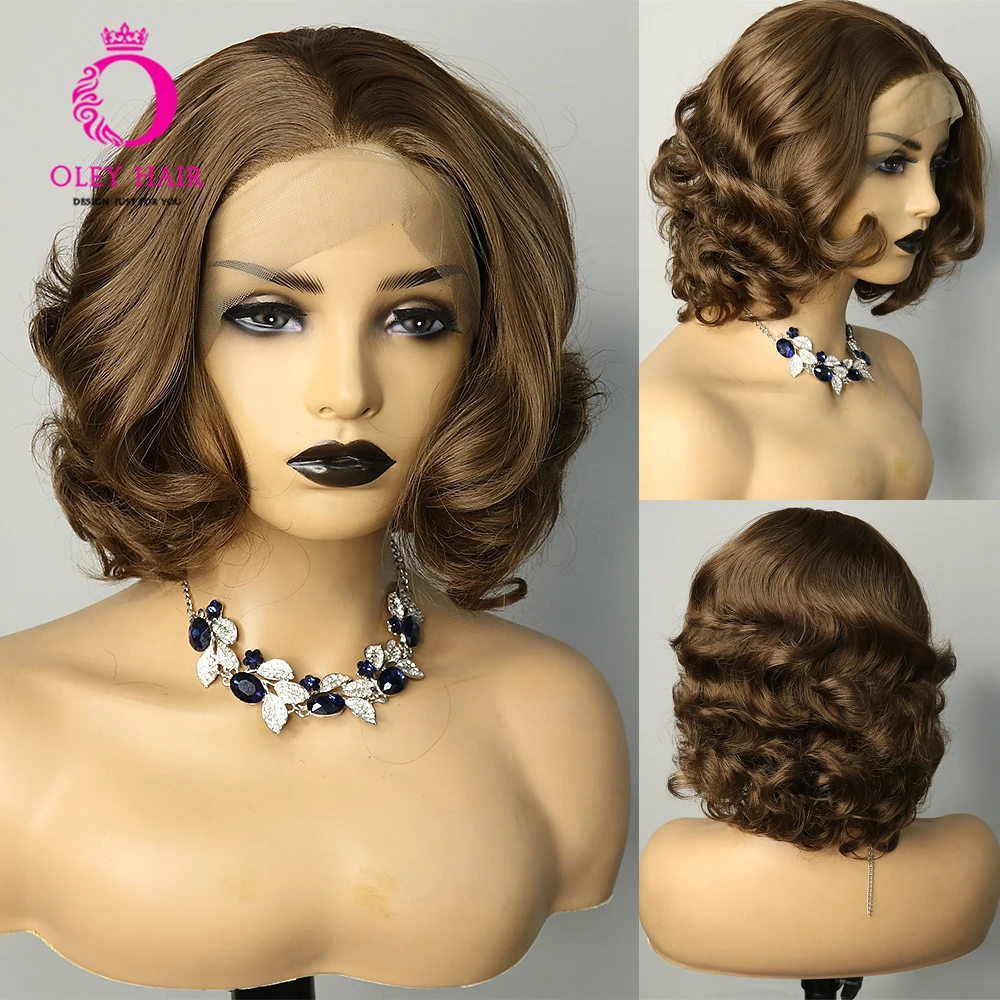 

Brown Colored Synthetic 13x4 Lace Front Heat Resistant Body Wave Drag Queen Cosplay Wigs For Black Women Pre Plucked