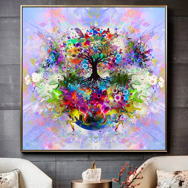 Affiche colorée d'arbre de vie abstraite, peinture sur toile, tableau d'art  Mural pour salon, couloir, décoration murale moderne de la maison -  AliExpress