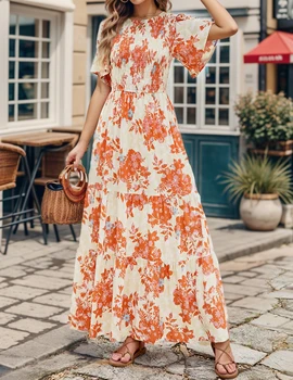 Casual Pastoral Style Floral Print Dress Long, Crewneck Short Sleeves High Waist Wide Ruffle Hem, Woman's Clothing 6