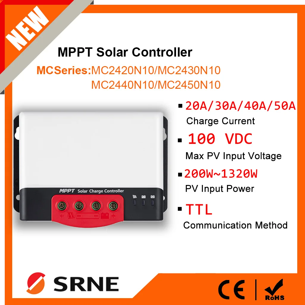 Srne-mppt Solar Charge Controller Regulador Solar pv Max 1320w Entrada para 12v 24v Lithium Battery com Bt2 Rm6 Opcional 20a50a