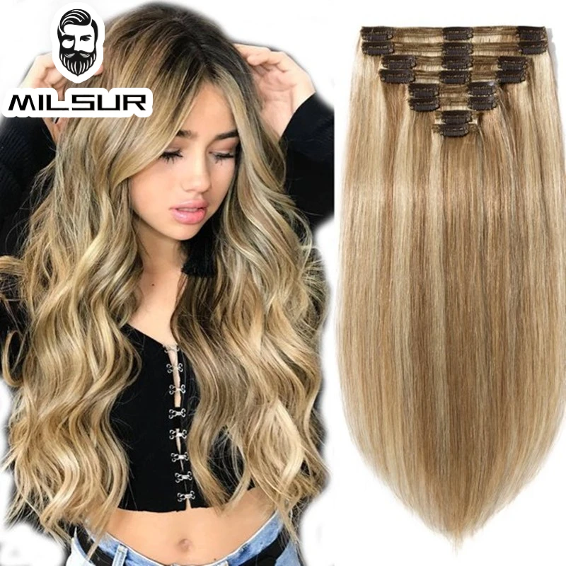 Clip In Human Hair Extensions Women Remy Hair Clip In Extensions Clip-on Straight Pieces Women 12-26Inches hair extensions