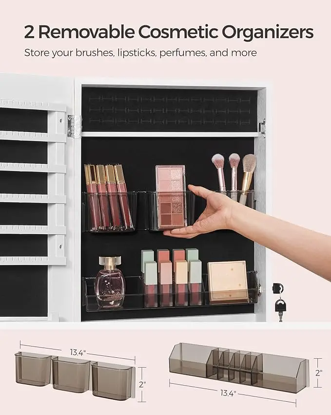 Wall-mounted jewelry armoire with mirror. Includes 2 trays, lockable white design. 4