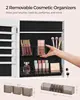 Wall-mounted jewelry armoire with mirror. Includes 2 trays, lockable white design. 4