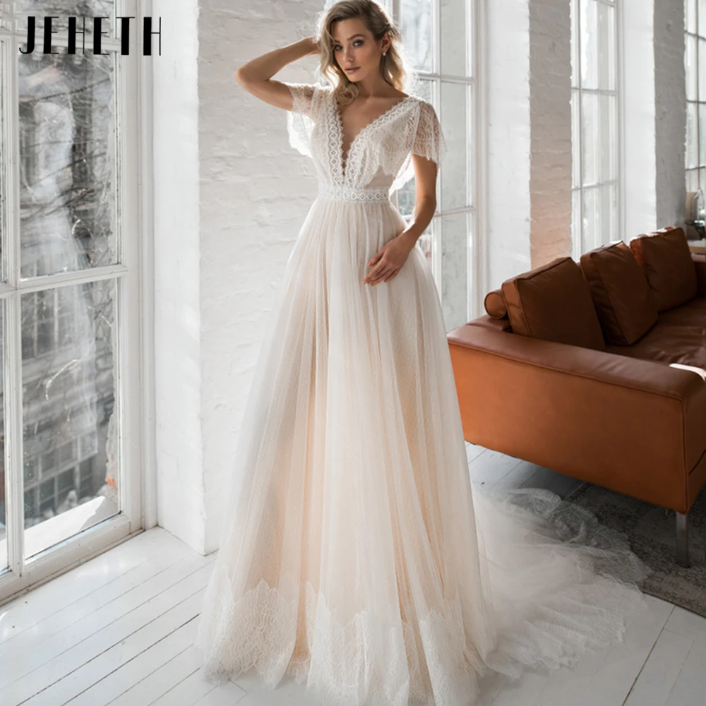 

JEHETH Bohemian Lace Appliques Wedding Dresses Sexy V Neck Backless Bridal Gowns Cap Sleeves Tulle Vestidos De Novia Custom Made