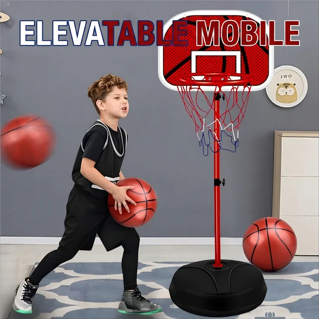 Elevatable Mobile Basketball Stand with Hanging Rebound Board and Leather Ball Toy for Kids Indoor Outdoor Sports Activity 1