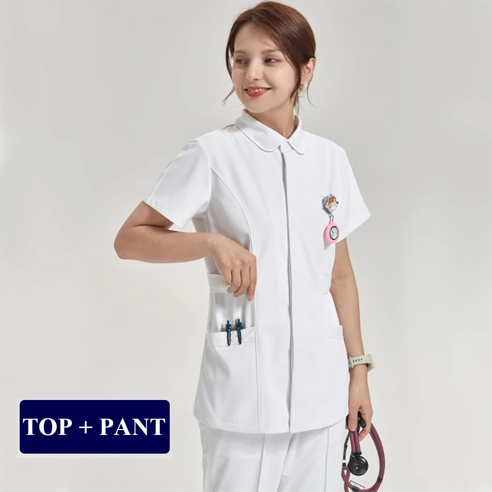 White Scrubs Set Nurse Top Uniforms for Women Medical Clothing Hospital Workwear Beautician SPA Pielegniarka Uniform Suit 802-01