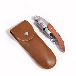 Professional Wooden Corkscrew Wine Opener with Leather Case, Double - Hinged Lever Design, Premium Brown Stainless Steel (Brown)