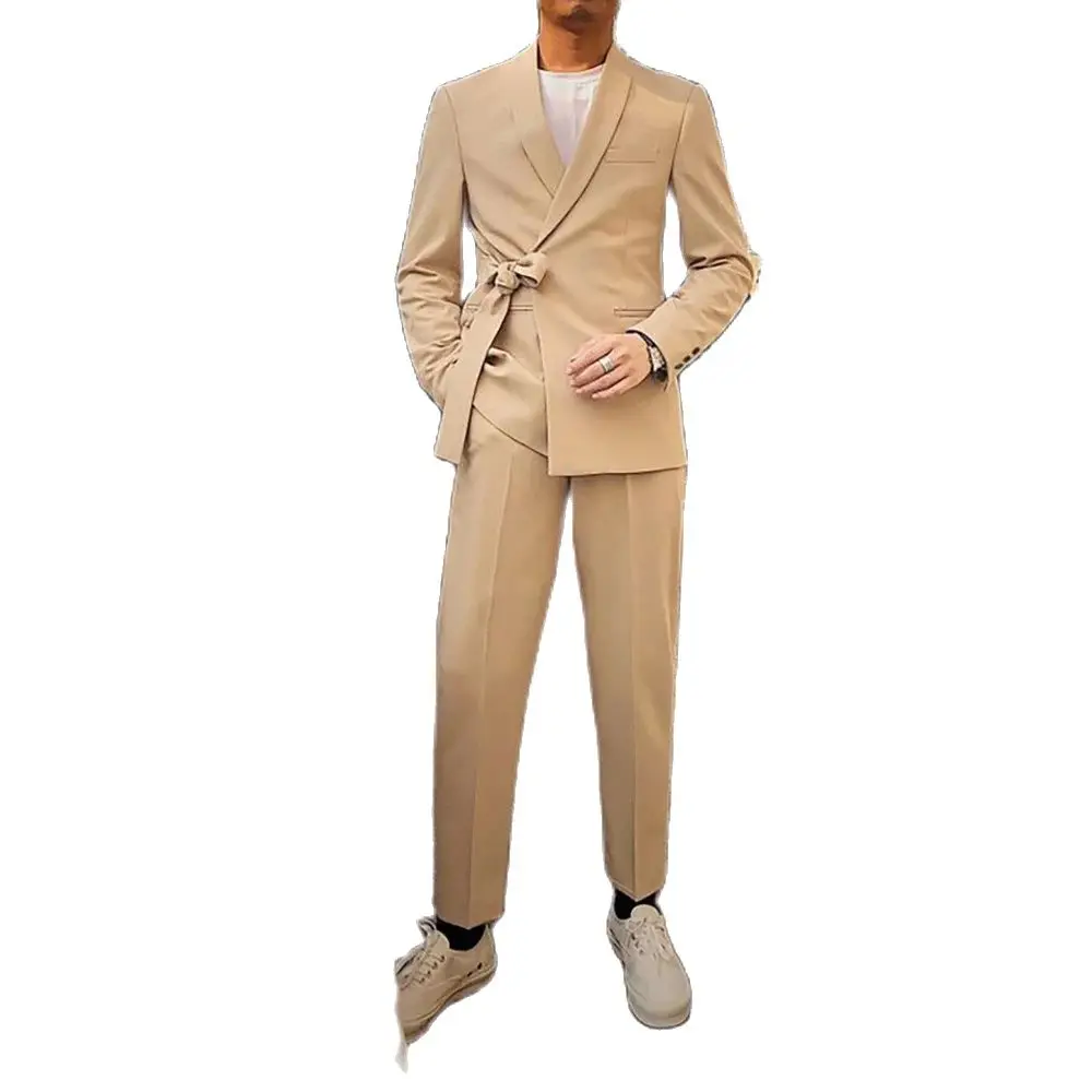 Khaki Casual Men Suits Shawl Lapel Belt Formal 2 Piece Jacket Pants Set Bespoke Outfits Elegant Full Set Male Clothing Costume