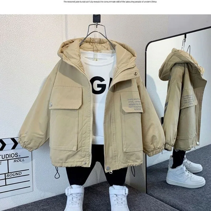 Winter Baby and Boys Hooded Windproof Warm Fleece Lined Drawstring Zip Jackets Children Parka Kids Outfit Tops Coat 2-10Yr Kids Jackets