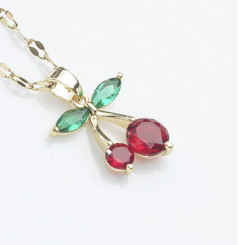 Cherry Pendant Necklace With Red Zircon And Elegant Korean Style_voghion.com