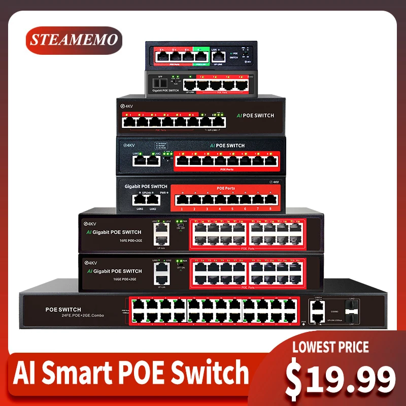 STEAMEMO POE Switch With SFP Ethernet Switch For IP Camera/Wireless AP/CCTV Camera AI Smart Switch