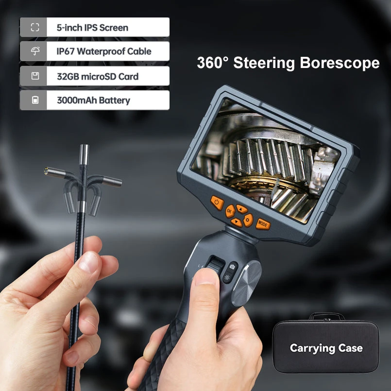 Teslong 6.2MM Articulating Borescope with 5 inch IPS Screen 360°Steering Endoscope Video