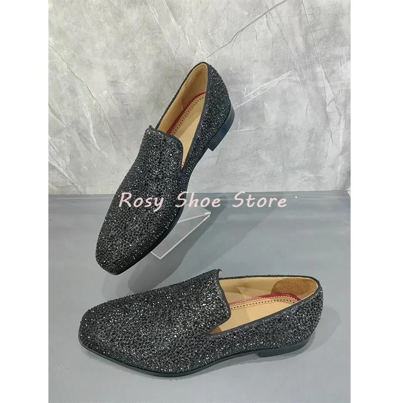 Men's Multicolor Luxury Handmade Diamond Loafers Pointed Toe Leather Rhinestones Slip On Fashion Flat Shoe Versatile Party Shoes 6