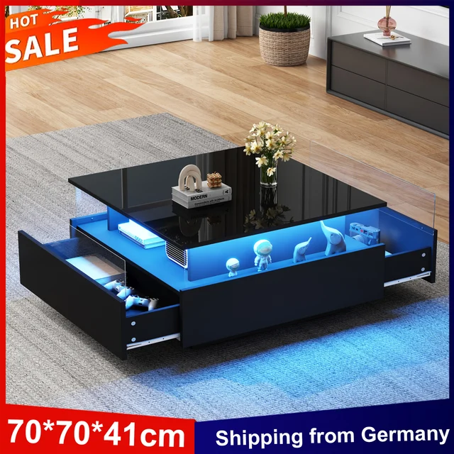 Anajqaqia 70*70*41 cm Table basse LED moderne, noir haute brillance, avec 2 tiroirs et zone d'affichage transparente pour le salon 1