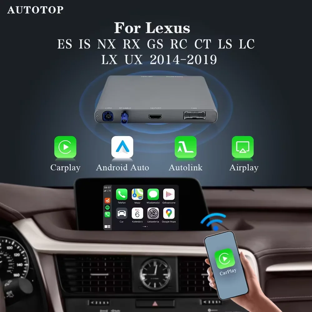 Bezprzewodowy dekoder CarPlay Android Auto do Lexus ES IS NX RC LS LC LX RX UX GS CT 2014-2019 z funkcją BT Mirror Link GPS Car Module