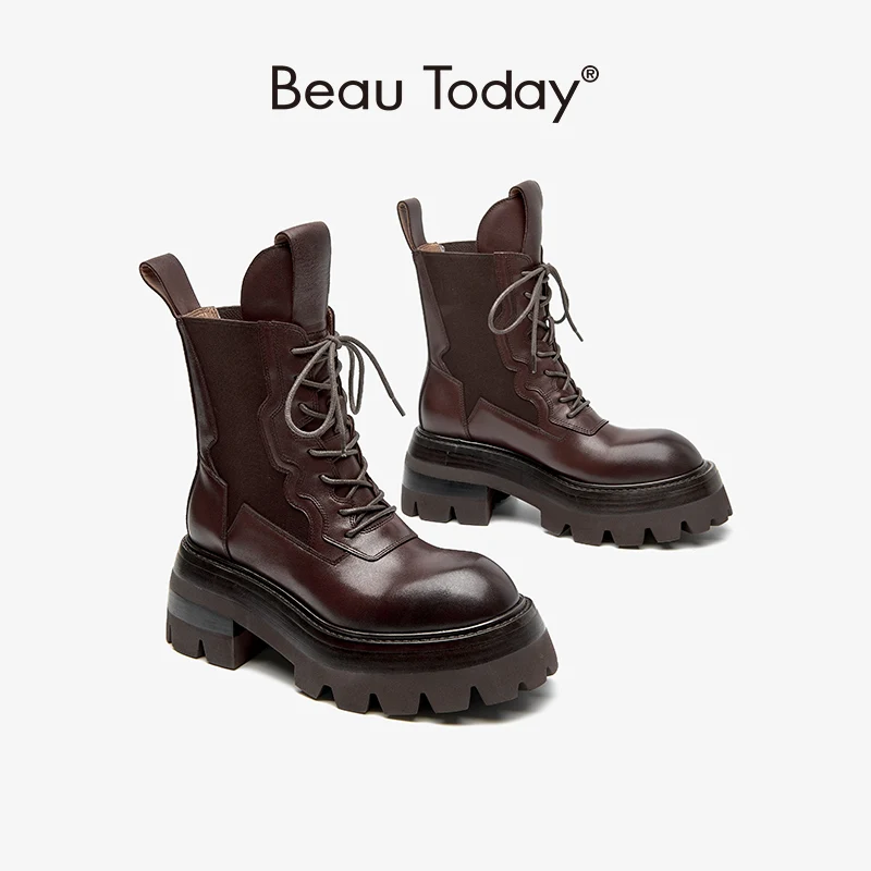 BeauToday-앵클부츠 천연 송아지 가죽 크로스 타이드 왁싱 라운드토 핸드메이드 오토바이 부츠 03A15 여성용, 숙녀화