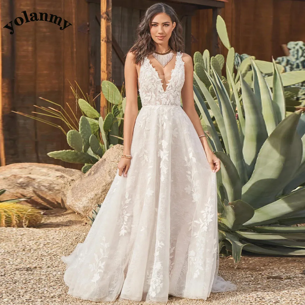 

YOLANMY Elegant Wedding Dresses A-Line Deep V-Neck Pleat Tulle Appliques Lace Backless Chapel Train Made To Order For Women