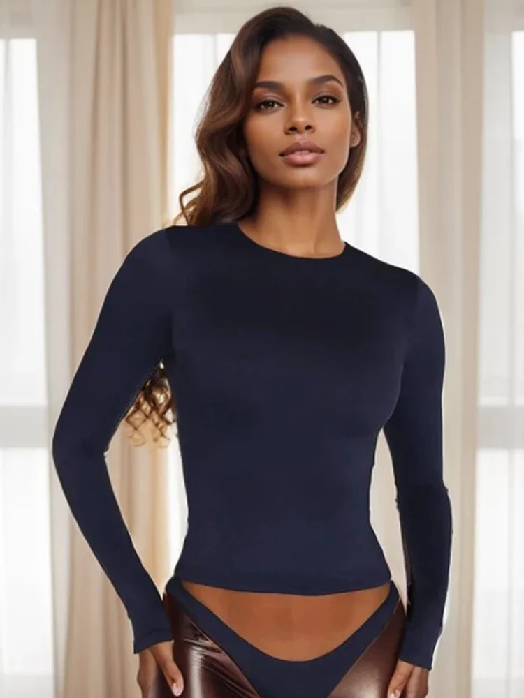 여성용 긴팔 티셔츠, 단색 슬림핏, O넥 기본 티셔츠, 스트리트웨어 풀오버 용수철, 가을 여성 Y2K 상의 의류 