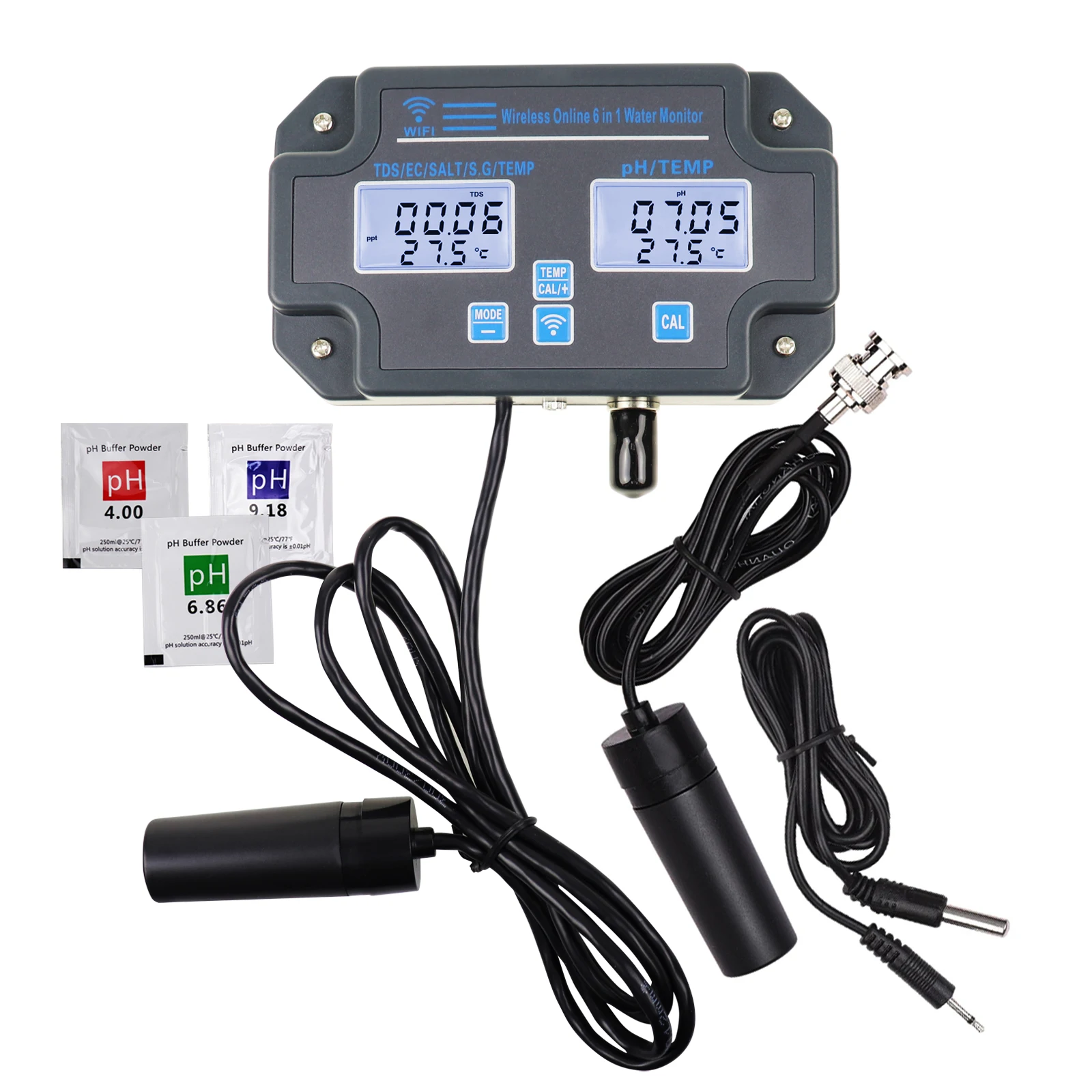 

6-in-1 Smart Water Quality Tester Device pH / EC / TDS / Salinity / SG / Temperature with Easy Calibration 24Hrs Online APP