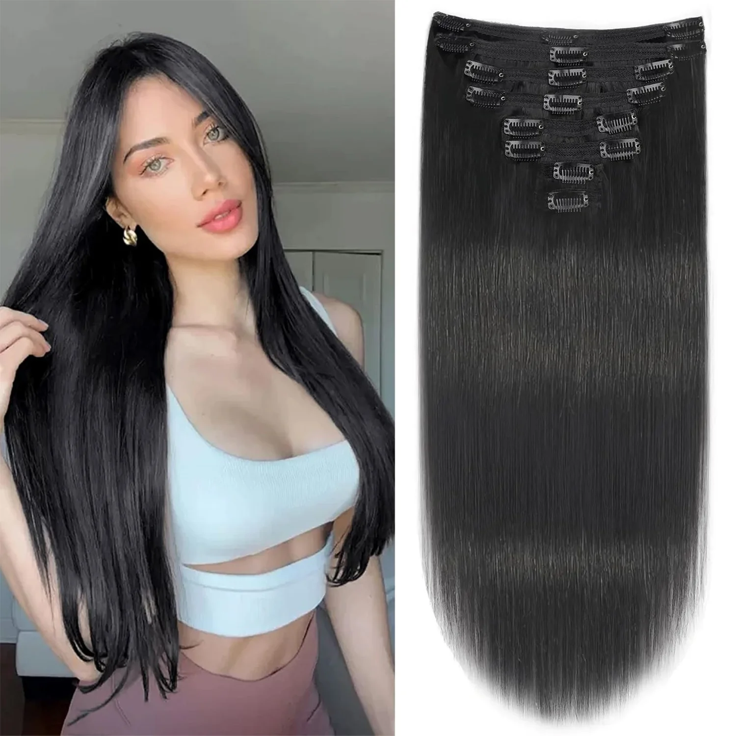 Clip in Human Hair Extensions Silky Straight Clip in Hair Extensions Double Weft Thick Human Hair