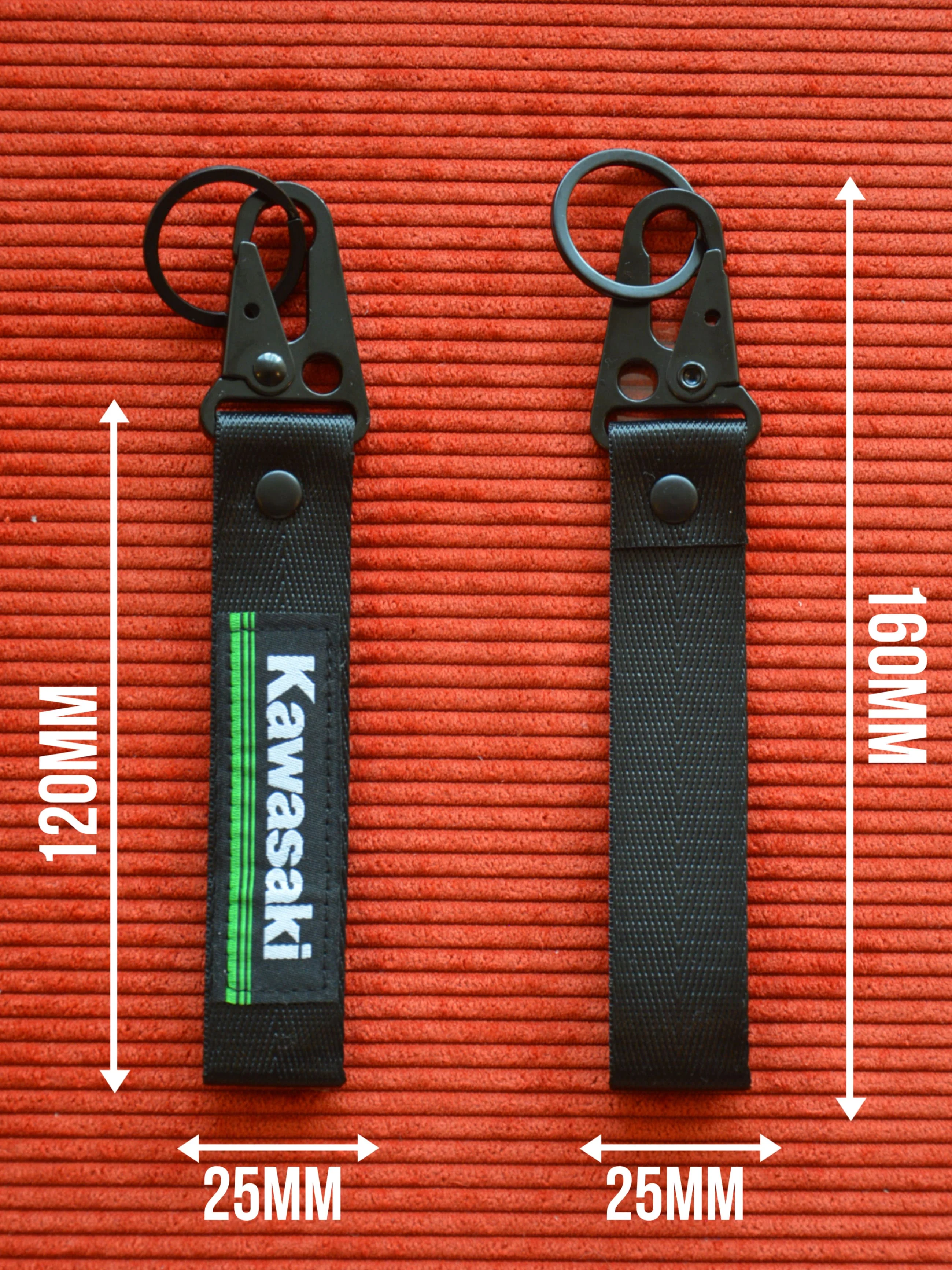 Fabric keychain for motorcycle keys with Kawasaki logo black 16x2