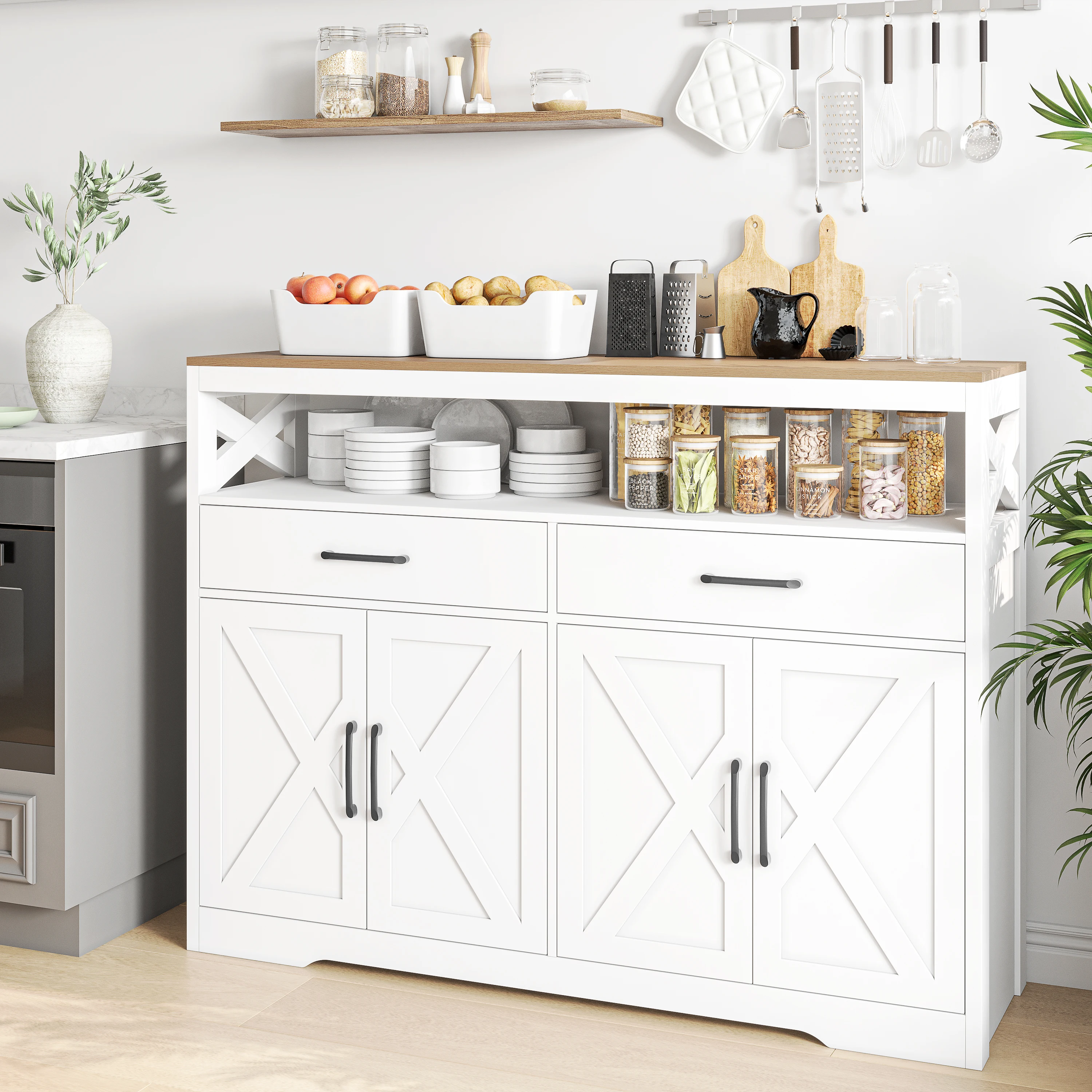 Buffet aus weißem und hout. Küchenschrank mit Schublade, Esszimmer-Küchenmöbel. Buffetschrank mit Aufbewahrungsschranktür – Detail 1
