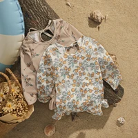 EWODOS 1-4 Years Toddler Baby Kids Girls Summer Sweet Swimsuits Floral Print Long Sleeve Ruffles Swimwear Beachwear Bathing Suit 5