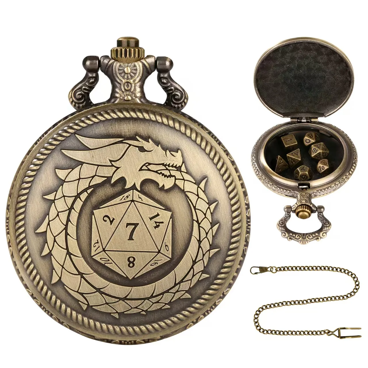 Vintage-Inspired Double Dragon DND Dice Jewelry Pocket Watch Case with 7 Metal Dice Set