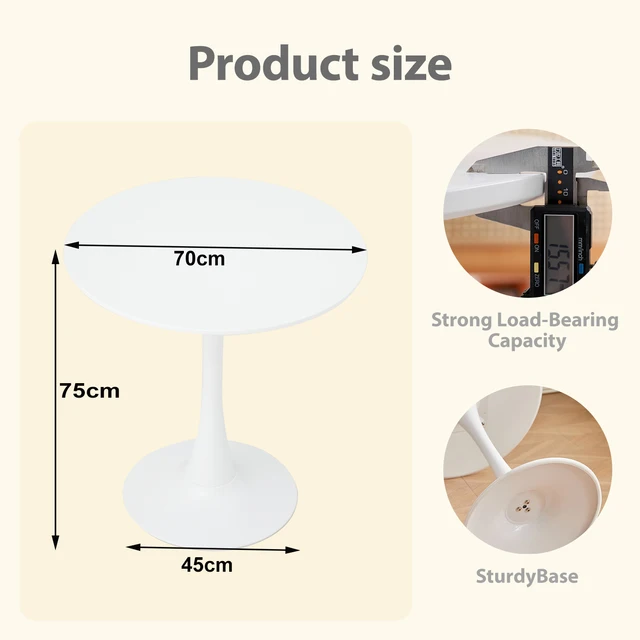 Tavolo da pranzo rotondo Elegante tavolo da pranzo con piano a tulipano nordico bianco Tavolo rotondo versatile Cucina Caffè Balcone BIaro/Nero 70 cm 3